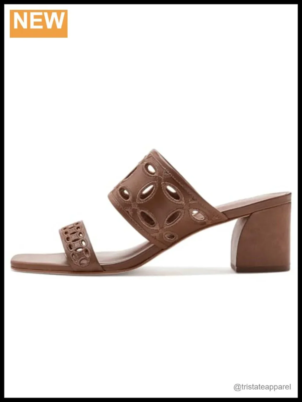 Leather Slide Sandal with Floral Embroidery Block Heel Open Toe